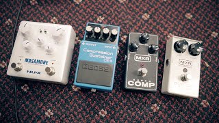 Compressor Pedals and Acoustics Explained 4 pedals NUX Masamune Boss CS3 MXR SuperCustom Comp [upl. by Ahsrat]