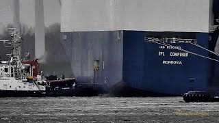 SturmOpfer Autofrachter SFL COMPOSER damaged by storm RoRo car carrier 5LFR2 IMO 9293583 Emden [upl. by Enileuqkcaj]