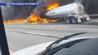 2 dead after fiery crash involving tanker truck on Northeast Extension of Pa Turnpike [upl. by Enawyd47]