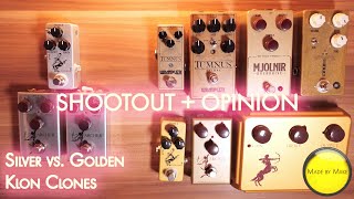 Shootout  Opinion SILVER vs GOLDEN KLON CLONES Archer Warm Audio Wampler JHS Mosky Mythos [upl. by Devad452]