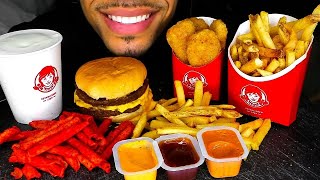 ASMR Wendys Eating Show TAKIS Mukbang BIGGIE Bag Frosty Chicken Nuggets Fries 4 For 4 No Talking [upl. by Rednave]