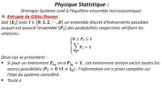 Physique Statistique Entropie de GibbsShanon [upl. by Neelrac]