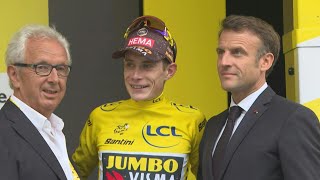 President Macron takes part in podium ceremony on Tour de France stage 6  AFP [upl. by Morly]