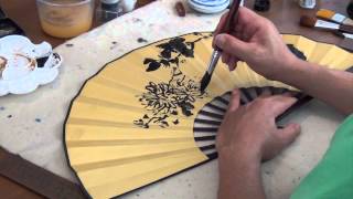 Acrylic Painting on Fabric Fan 04 Chrysanthemum [upl. by Jarad830]