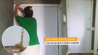 Envelopei minha porta de madeira 🏡 Pequenas reformas no apezinho  EP14 Coisas Fáceis [upl. by Clabo]