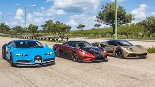 Forza Horizon 5 Drag race Bugatti Chiron vs Lotus Evija vs Koenigsegg Regera [upl. by Yrffej]