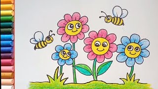 Easy flower garden drawing [upl. by Aniratak]