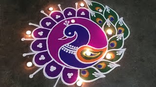 Diwali simple peacock rangoli designs  diwali deepam muggulu  Diwali peacock rangoli designs 2024 [upl. by Joni929]