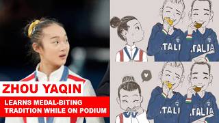 Chinese gymnast’s Zhou Yaqin learns medalbiting tradition while on podium [upl. by Riay]