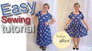 DIY How to Shorten a Long Thrift Store Blue Dress into a Short Dress II Easy Beginner Sewing [upl. by Nauqahs526]