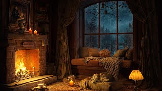 Rainy Night in Cozy Reading Nook 🌧️ Soft Jazz Music 🌧️ Heavy Rain Fireplace Sounds for Sleeping 4K [upl. by Sampson510]