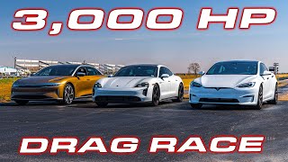 WORLDS QUICKEST SEDANS  3000 HP Race  Lucid Air vs Taycan Turbo S vs Tesla Plaid DRAG RACE [upl. by Nerine13]