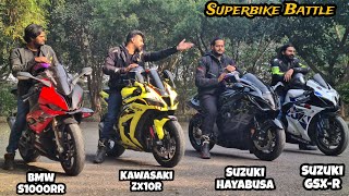 Kawasaki Zx10R Vs Suzuki Hayabusa Vs Bmw S1000RR Vs Suzuki GSXR  Quad Battle [upl. by Anirdna]