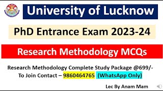 Lucknow University PhD Entrance Exam 202324  MCQs On Research Methodology  Lucknow University [upl. by Daiz]