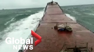 quotMaydayquot Camera captures huge wave snapping cargo ship in 2 off coast of Turkey [upl. by Lleze]