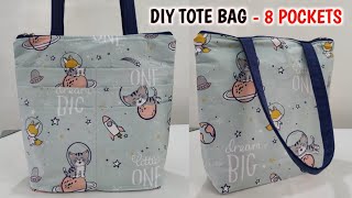 DIY Easy Tote Bag  8 POCKETS  How make handbag at home for daily uses  Bag cutting and stitching [upl. by Worthington]