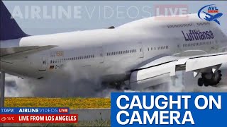 Boeing 747 bounces on LAX runway during hard landing [upl. by Ainessey]