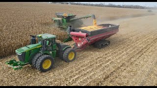 Two John Deere X9 1100 Combines with 16 Row Corn heads Harvesting a 640 Acre Field in Illinois [upl. by Asillam]