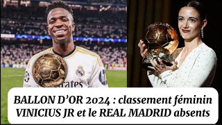 Classement au Ballon d’or feminin 2024  Vinicius Junior et le Real Madrid absents de la cérémonie [upl. by Margery57]