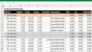 Excel automatische Arbeitszeiterfassung erstellen  Vorlage Zeiterfassung mit Überstunden Feiertage [upl. by Esirec]