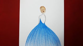 Mavi Şık Elbiseli Güzel Kız Çizimi  2020 Elbise Modası  How to draw beautiful girl dres [upl. by Grosz79]