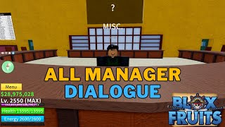 All Manager Dialogue amp Their Meanings in Blox Fruits  How To Talk To The Manager in Blox Fruits [upl. by Wharton]