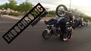 Motorcycle Riding Wheelie Crashes Into Other Bike [upl. by Delly]