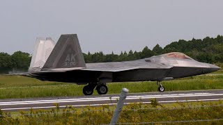 日米共同統合演習 キーンソード24 航空自衛隊新田原基地へアメリカ空軍嘉手納基地からF22ラプター戦闘機が展開 JASDF USAF Nyutabaru KeenSword24 Raptor [upl. by Dearman700]