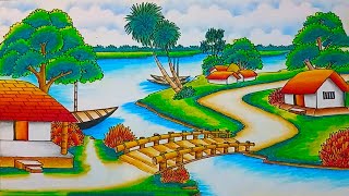 How to draw easy scenery drawing with beautiful landscape village with riverside scenery drawing [upl. by Llerol]