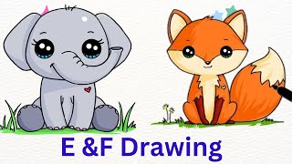 E for elephant and F for Fox 🦊 drawing for kids and toddler  Elephant and Fox easy drawing [upl. by Arenat]