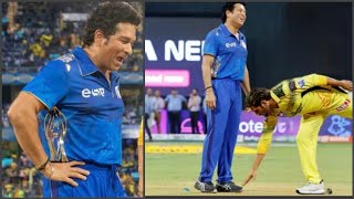 Sachin tendulkar shocking reaction when ms dhoni touch his feat during CSK vs Mi match [upl. by Viquelia]