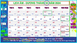 Lịch âm dương tháng 3 năm 2024  Lịch vạn niên tháng 32024 Năm Con Rồng [upl. by Vani]