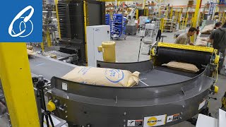 High Speed Robotic Bag Palletizer System with a Bag Flattener and Curved Infeed Conveyor [upl. by Nissie483]