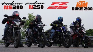 KTM Duke 250 vs Yamaha FZ25 vs Pulsar N250 vs Pulsar NS200 Drag Race [upl. by Deraj81]