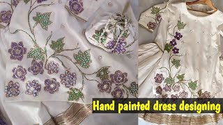 Beautiful Hand painted dress designing  Embroidery tutorial  beads design on dress 😍👗 [upl. by Galloway822]