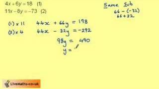 Solving Simultaneous Equations by Elimination Example 4 [upl. by Amalbergas626]