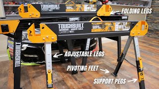 TOUGHBUILT Sawhorse C650  Best Folding Sawhorse with Pivoting Feet and Adjustable Legs toughbuilt [upl. by Inneg]