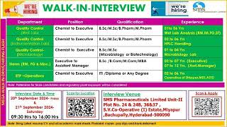 SMS Pharmaceuticals Ltd Mega Walkin Drive MScBScMPharmBPharmITIDiplomaBcomMcomMBA [upl. by Feldman]