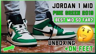 JORDAN 1MID SE PINE GREEN BLACK SAIL 2019 UNBOXING  ON FEET REVIEW [upl. by Gavrilla]