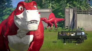 Red Rexy Dinosaurs TRex vs Spinosaurus vs Brachiosaurus Jurassic World Evolution Dinosaurs Fighting [upl. by Isaac]