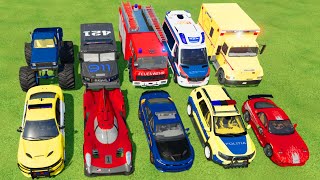 TRANSPORTING CARS AMBULANCE POLICE CARS FIRE TRUCK MONSTER TRUCK OF COLORS WITH TRUCKS  FS 22 [upl. by Marie-Jeanne]