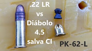 Calibre 22 LR vs diábolo Mendoza 45 impulsado por salva 22 CI disparado con pistola PK62L [upl. by Perdita620]