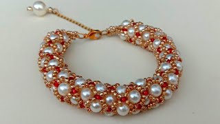 How To MakeTubular Netted Pearl BraceletBeading Tutorial Useful amp Easy [upl. by Cassady469]