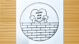 Happy New year drawing 2024 cute drawing New year drawing for beginners step by step [upl. by Jehiah]