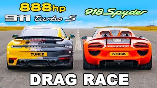 Porsche 918 Spyder v Tuned 911 Turbo S DRAG RACE [upl. by Nicole]