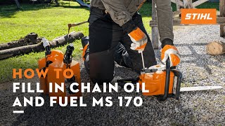 STIHL MS 170  How to fill up chain oil and fuel mixture  Instruction [upl. by Hollingsworth]