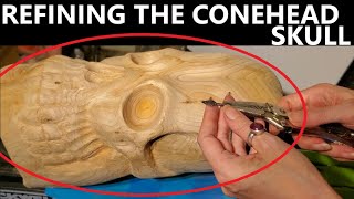 REFINING THE CONEHEAD SKULL and talking about Kutzall bits tools carving woodworking art [upl. by Eiramalegna]