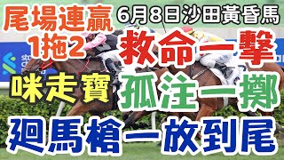 賽馬貼士6月8日星期六沙田黃昏馬，回馬槍一放到尾，救命一擊，孤注一擲，咪走寶，尾場連贏1拖2，多謝支持訂閱。 [upl. by Aloz]