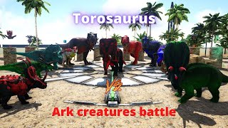 Torosaurus vs ark creatures ToroJP Nasuto Rex Rexy RexJP TrikeJP Allo Sino Styraco battle [upl. by Seuqramed224]