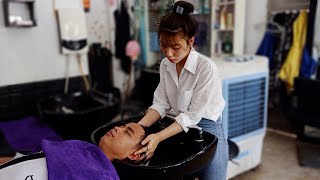 Vietnam Local Barber Shop Relax Face Massage amp Shampoo with Pretty Vietnamese Girl 7 USD [upl. by Phelan592]